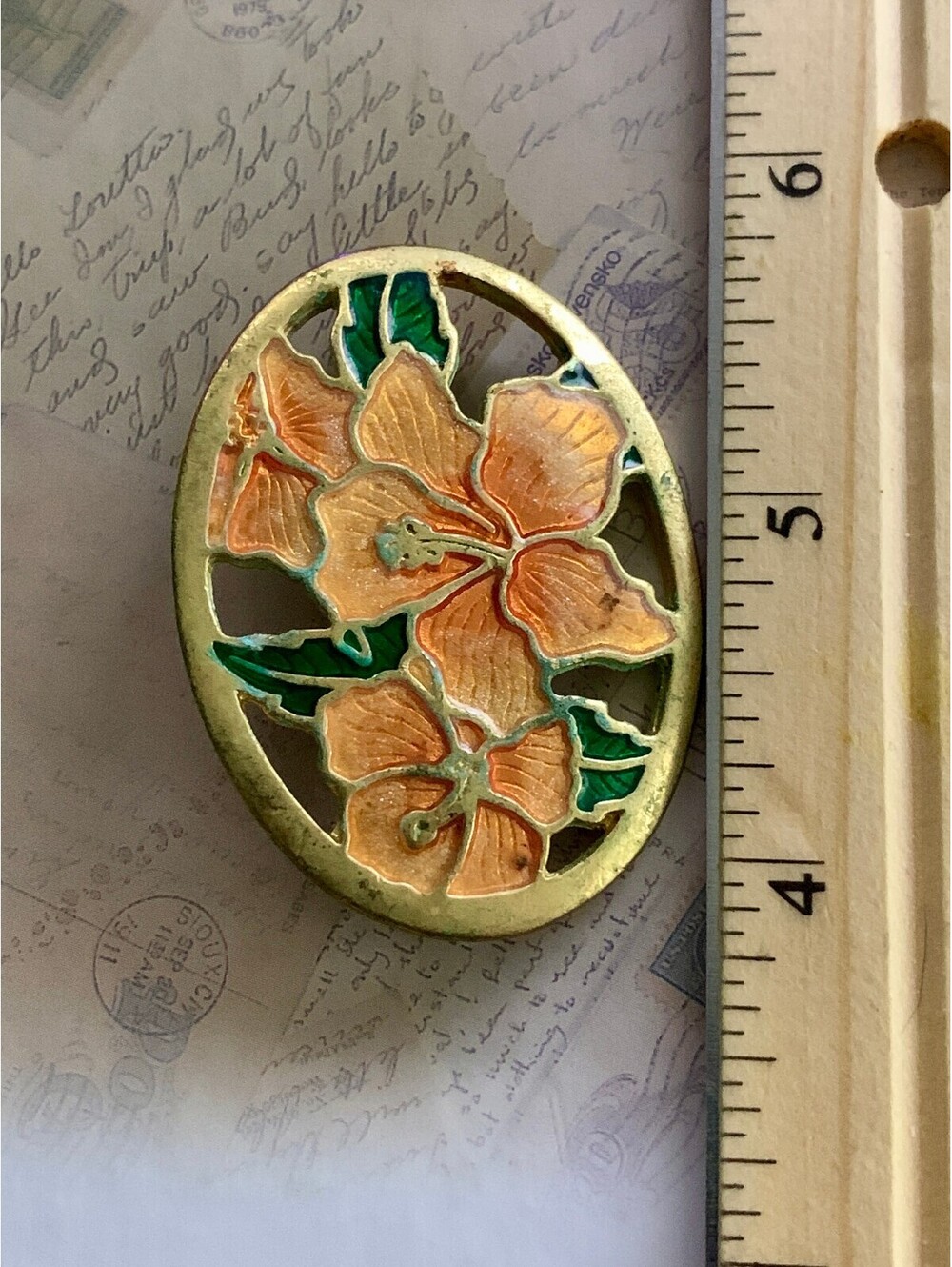 Charming Floral Enamel Brooch with Peach & Green Accents
